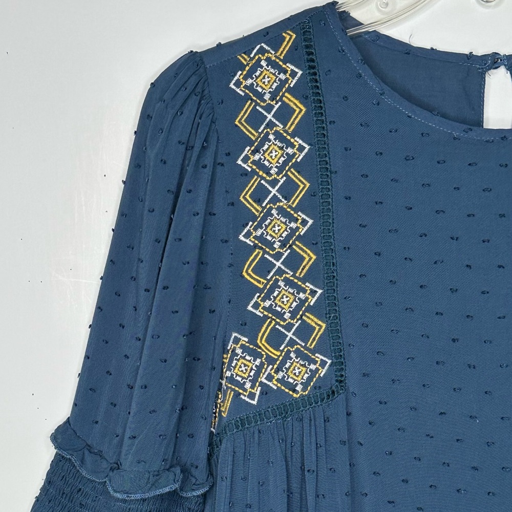 Francesca’s Blue Rain Swiss Dot Embroidered Detail Ruffle Hem‎ Cottagecore Sz XS - Picture 4 of 6